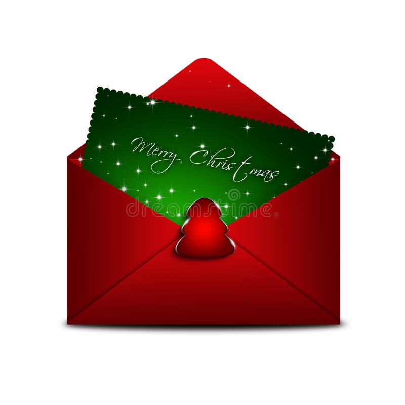 Envelope With Merry Christmas Card Over White Background Stock