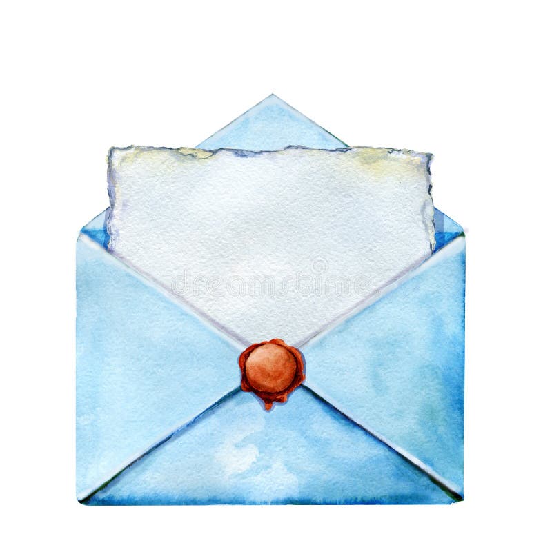 An envelope of old paper with a letter, wax seal and mimosa. Hand drawn watercolor closeup illustration. For design concepts of