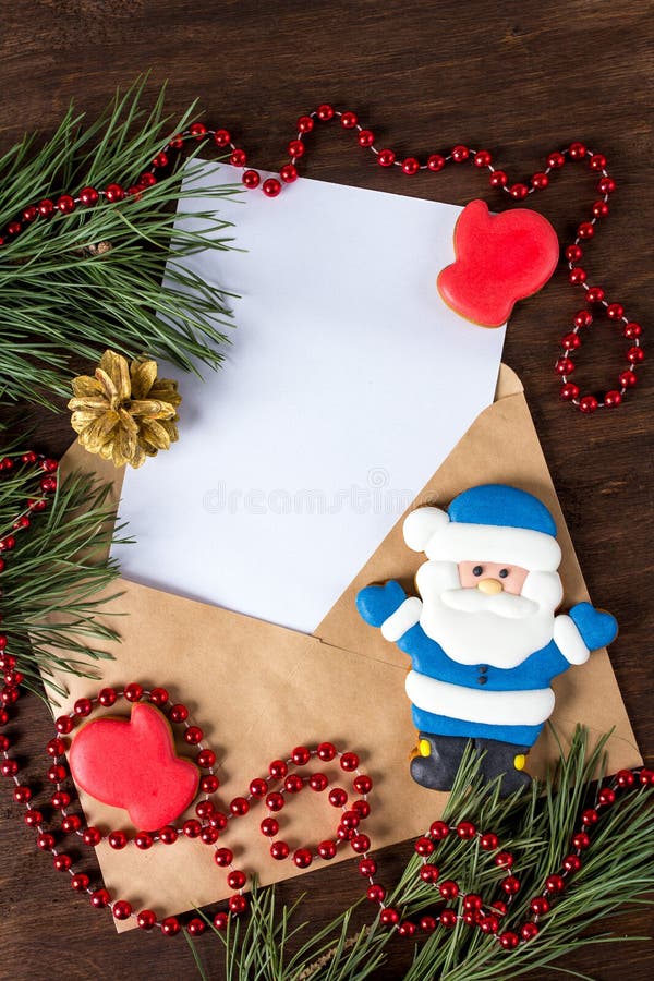 Envelope writing paper, gingerbread and Christmas ornaments.