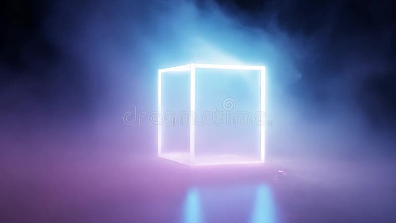 Enveloping smoke surrounds a radiant neon cube in a reflective setting vector illustration
