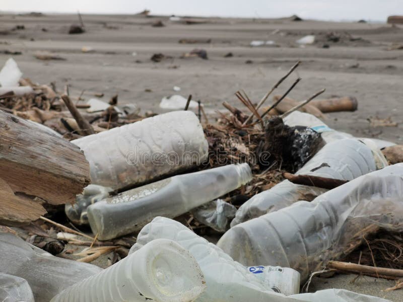 Environment Concept. Plastic Waste and Garbage, Pollution on the Beach