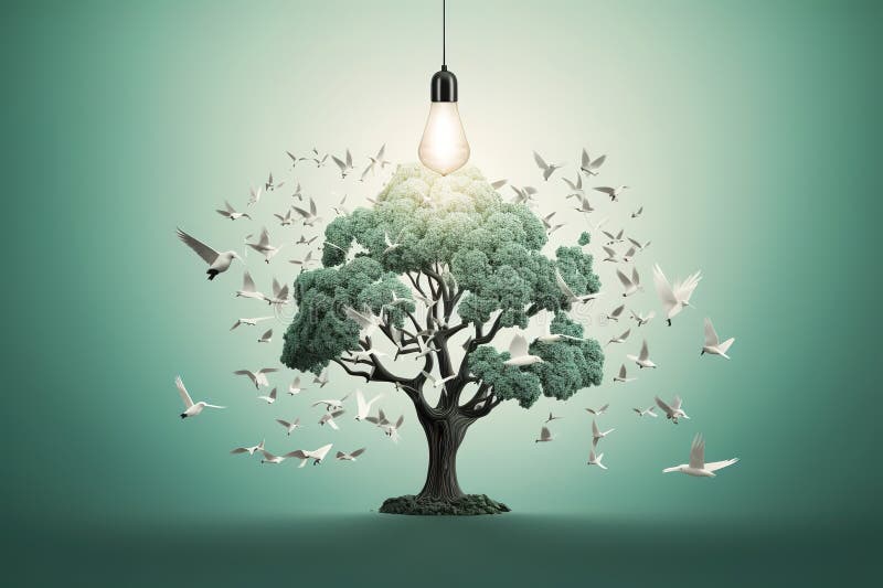 Environment Friendly, Light Bulb with Green Tree and Birds Fly of
