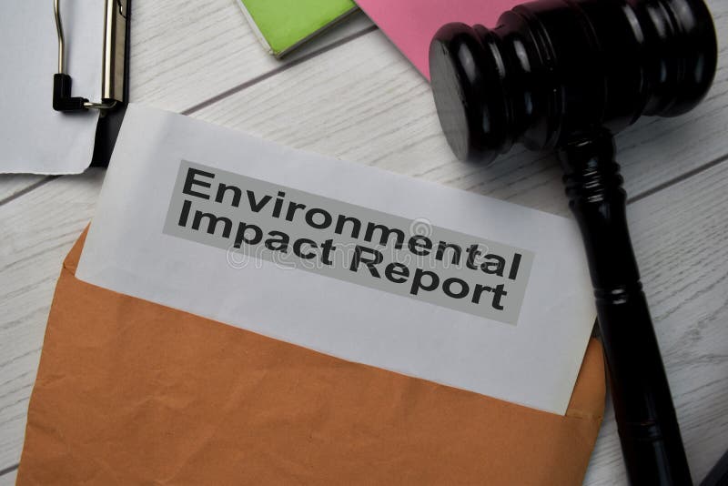 Environmental Impact Report Text with Document Brown Envelope and Gavel