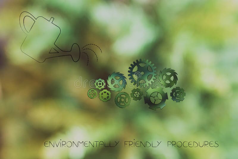 Watering can and gearwheels going green, ecology concept royalty free stock image Watering can and gearwheels going green, ecology concept royalty free stock image