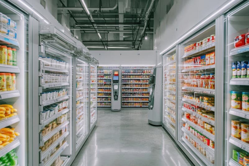 Environnement d'entrepôt high-tech avec bras robotisés automatisation de la cueillette des provisions pour commandes en ligne IA g. Les armes robotisées fonctionnent dans un entrepôt propre et moderne en sélectionnant efficacement les épiceries pour les commandes de livraison en ligne présentant la technologie de pointe en action. IA générée