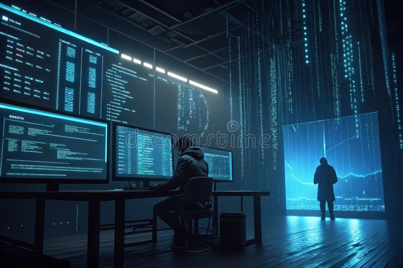 Environnement de codage de haute technologie avec plusieurs écrans d'ordinateur affichant du code et des données complexes dans un. Environnement de codage high tech avec plusieurs écrans d'ordinateur affichant du code et des données complexes dans une pièce sombre évoquant une atmosphère de pirate informatique ou de programmeur.