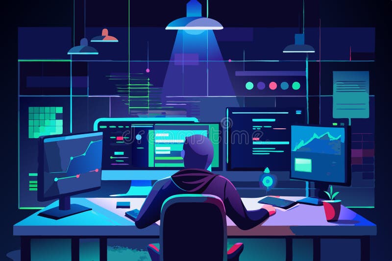Environnement de codage sombre avec plusieurs écrans d'ordinateur affichant l'analyse de code et de données mettant en évidence un illustration libre de droits