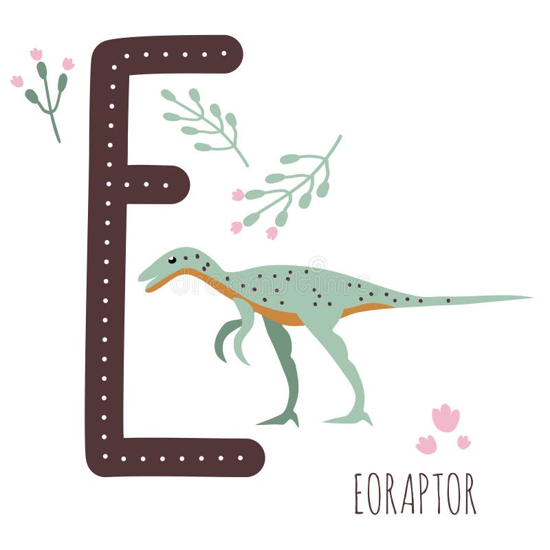 Eoraptor. Letter E with reptile name. Hand drawn cute predator dinosaur. Educational prehistoric illustration. Dino alphabet. stock illustration
