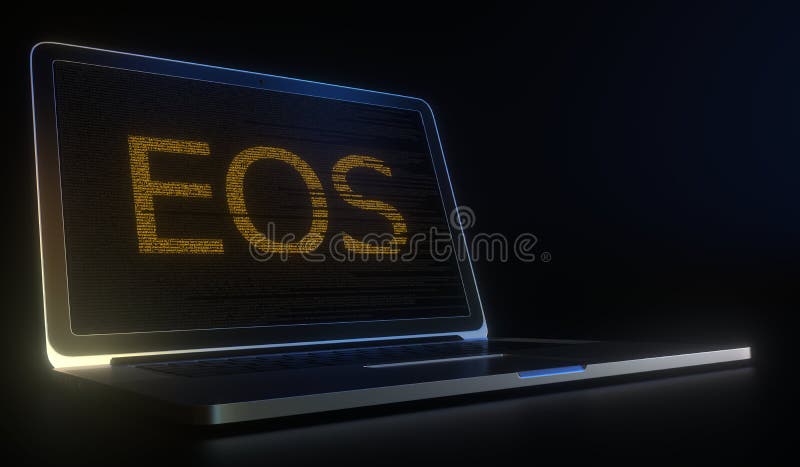 EOS-Text mit Computercode auf dem Laptop-Bildschirm. Kryptowährungs-Mining oder Kryptotransaktionen im Zusammenhang mit 3D-Renderi vektor abbildung