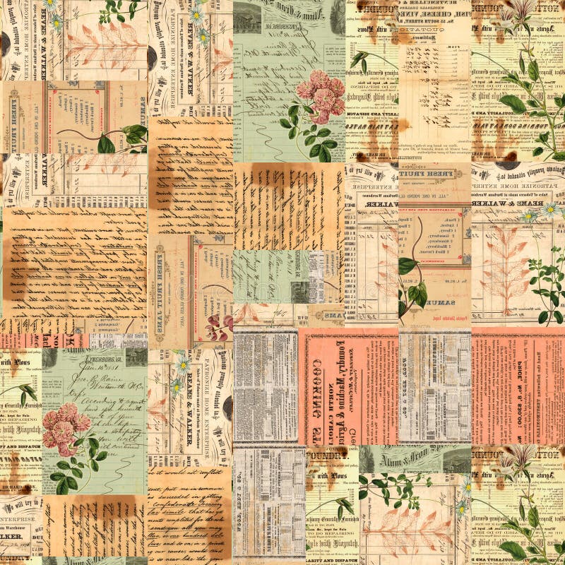 Ephemeras de la vendimia, texto y collage de papel de las flores