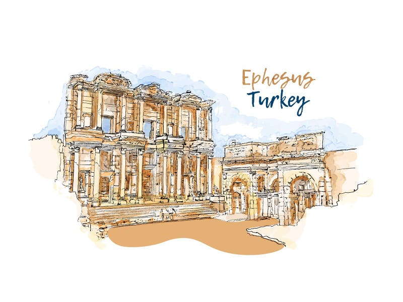 Ephesus, Izmir, Turkey. The Library of Celsus. Abstract landscape of Turkish landmarks on the Aegean Sea. Hand drawn sketch vector watercolor illustration. Simple urban sketch for postcards, logos, banners
