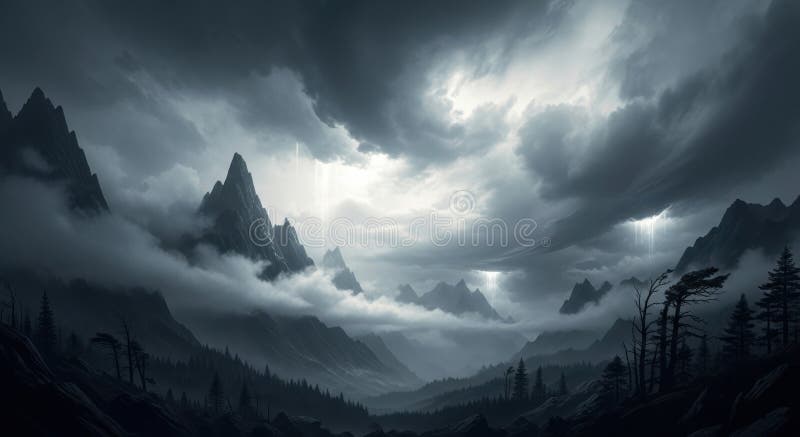 Epic dramatic mountain landscape with ethereal light breaking through stormy clouds royalty free illustration