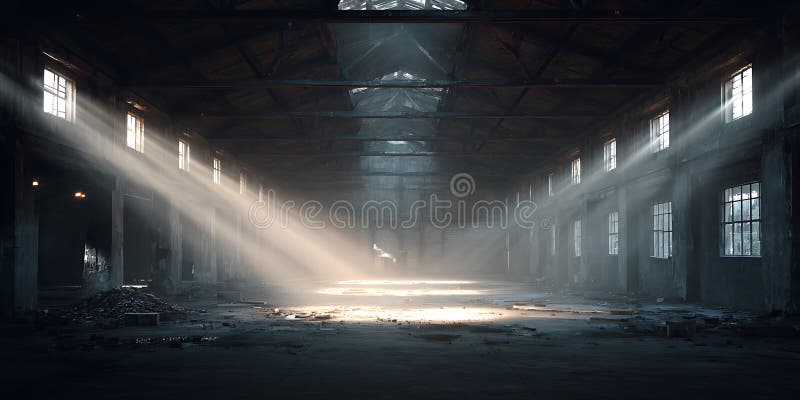 Epic Dramatic Scene Mysterious Dark Building Interior with Light Beams stock illustration