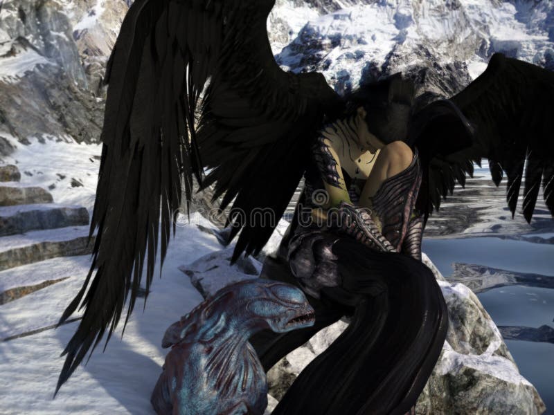 Epic: Fallen angel with the creature from hell.