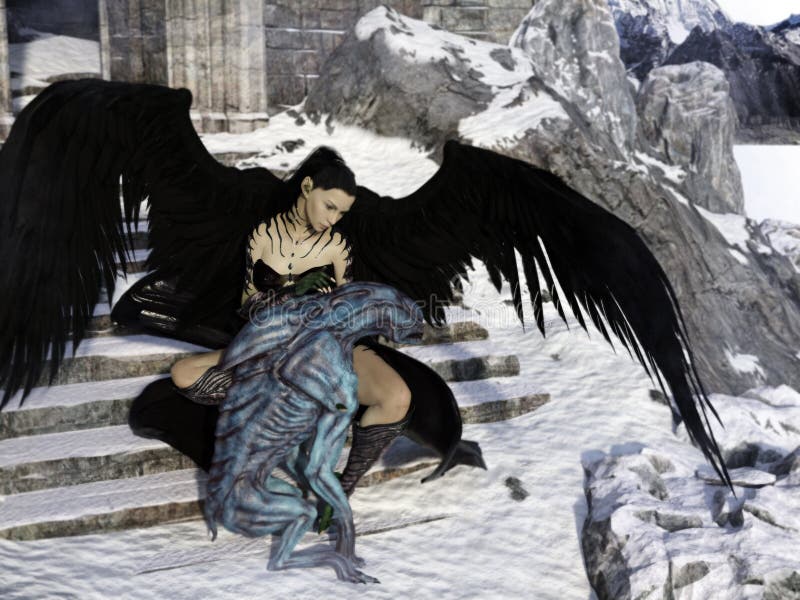 Epic: Fallen angel with the creature from hell.