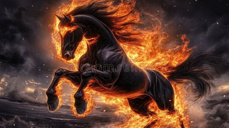 Epic Fiery Beast Prancing With Otherworldly Power in a Dynamic Scene of Inferno and Magic stock illustration