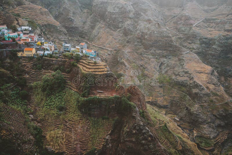 Epic Fontaihas village. Settlement in the rocky coast of Santo Antao island. Houses nestle into the bluff ridge wall