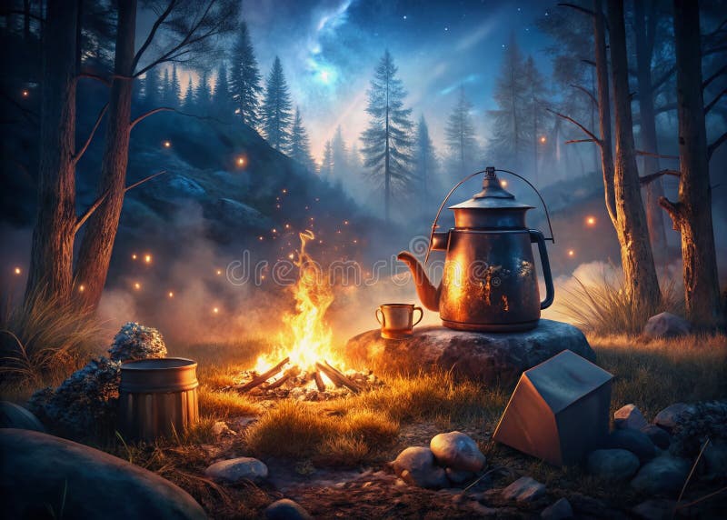 Epic Forest Camping Adventure A Double Exposure Masterpiece, захватывающий дух жизни на свежем воздухе с рюкзаком иллюстрация штока