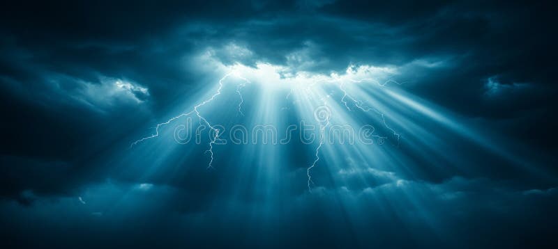 Epic Lightning Storm Dramatic Scene With Storm Clouds and Beams of Sunlight Breaking Through stock illustration