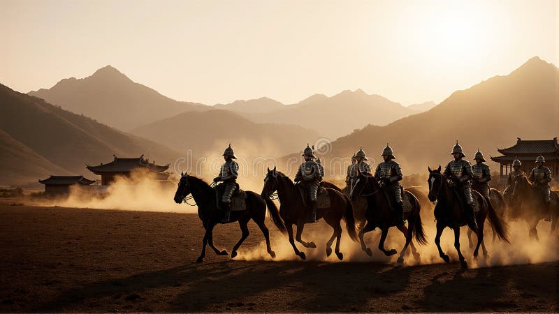 Epic Mounted Warriors in a Dusty Valley vector illustration