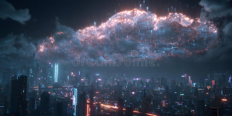Epic Night Cityscape Futuristic Metropolis under en kelestial företeelse stock illustrationer