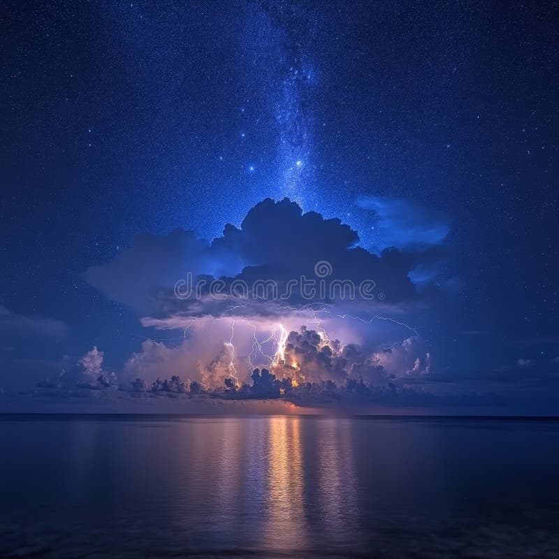 Epic Nighttime Lightning Storm Over Tranquil Water with Vibrant Blue Sky, Clouds and Reflections. royalty free illustration