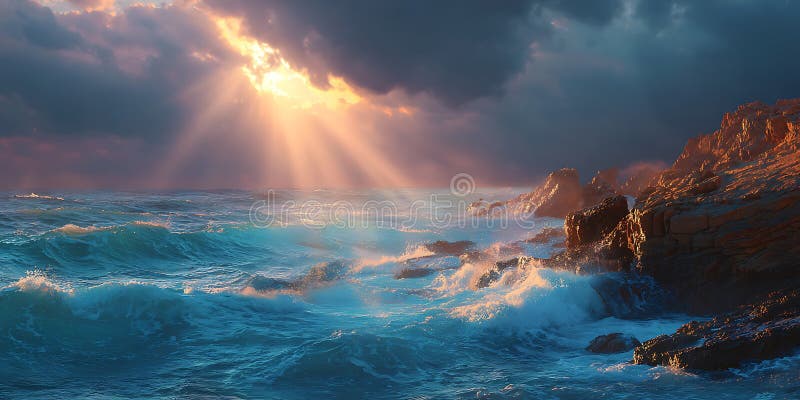 Epic Ocean Sunset Dramatic Waves Golden Light illustration de vecteur