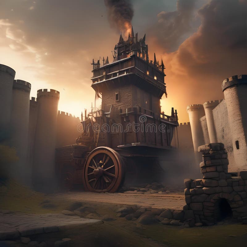 Motorul asediului epic, motor de asediu masiv dezlănțuit devastarea asupra unui zid fortificat al castelului în mijlocul unui câmp stock illustration
