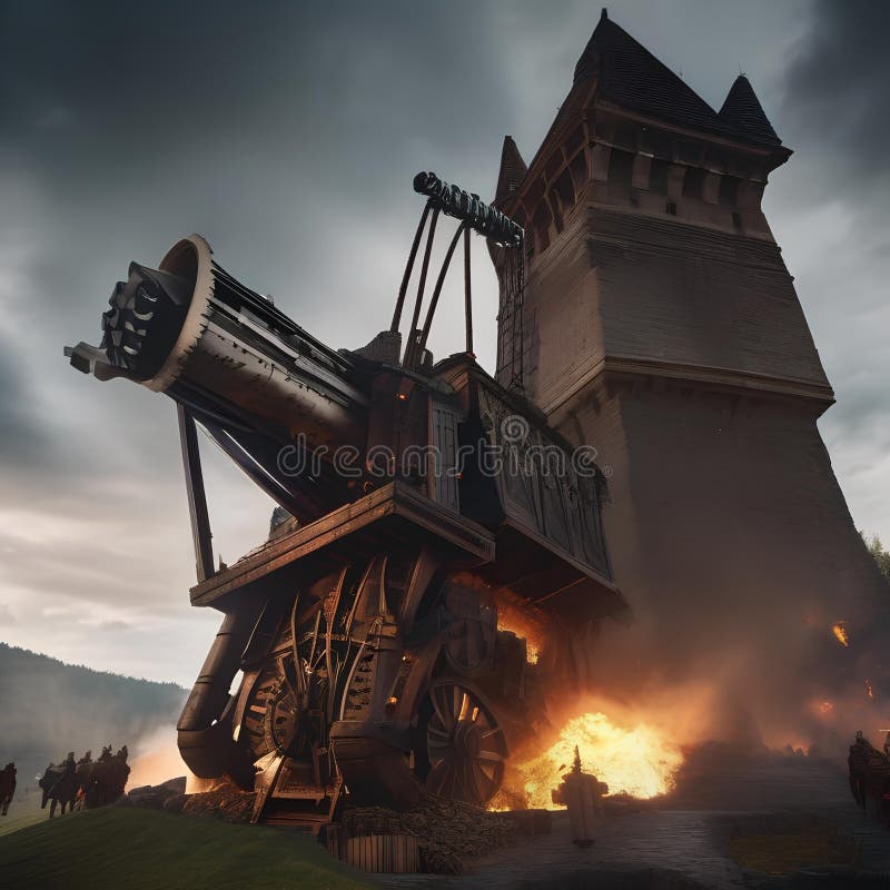 Motor de asediu epic masiv motor asediu dezlănțuire devastare pe un zid castel fortificat printre un câmp de luptă haotic4 stock illustration