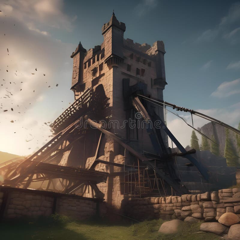 Motor de asediu epic masiv motor asediu dezlănțuire devastare pe un zid castel fortificat printre un câmp de luptă haotic4 stock illustration