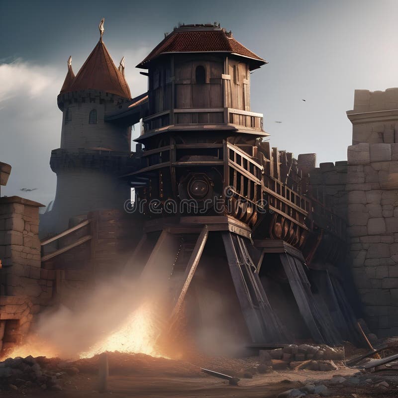 Motor de asediu epic masiv motor asediu dezlănțuire devastare pe un zid castel fortificat printre un câmp de luptă haotic3 stock illustration