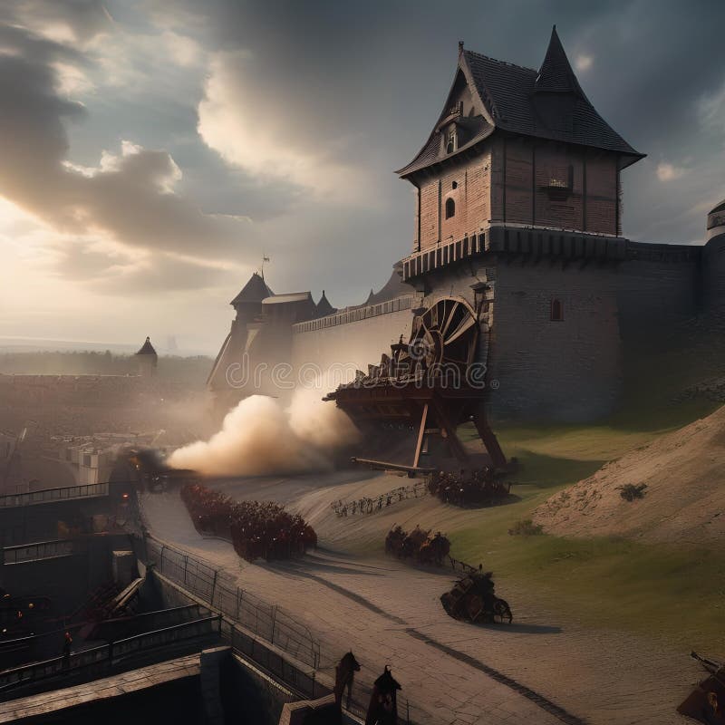 Motor de asediu epic masiv motor asediu dezlănțuire devastare pe un zid castel fortificat printre un câmp de luptă haotic5 royalty free illustration