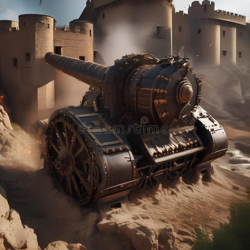 Motorul asediului epic, motor de asediu masiv dezlănțuit devastarea asupra unui zid fortificat al castelului în mijlocul unui câmp stock illustration