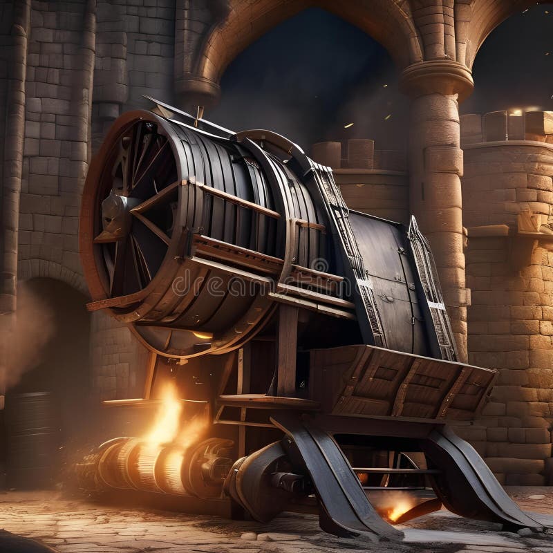 Motor de asediu epic masiv motor asediu dezlănțuire devastare pe un zid castel fortificat printre un câmp de luptă haotic5 vector illustration