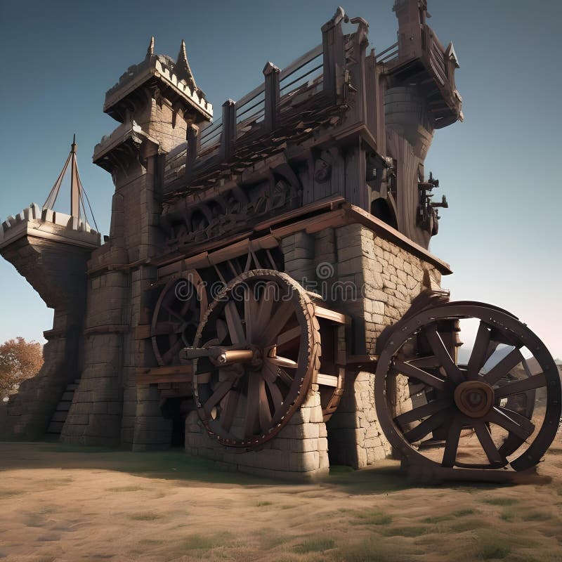 Motorul asediului epic, motor de asediu masiv dezlănțuit devastarea asupra unui zid fortificat al castelului în mijlocul unui câmp vector illustration