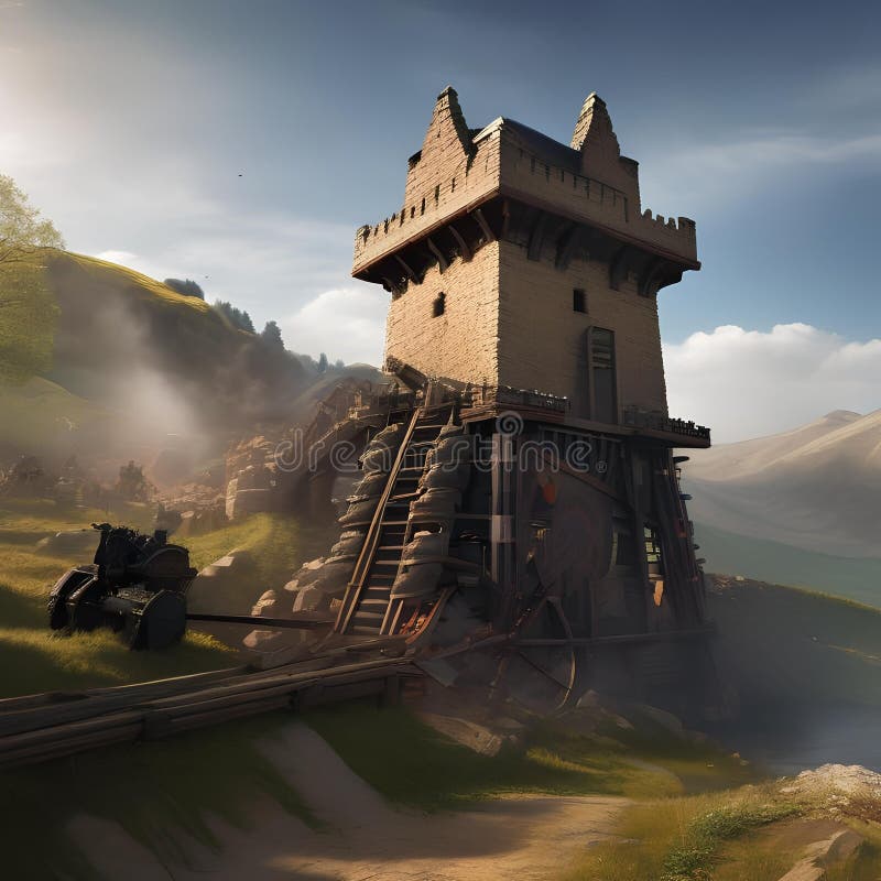 Motorul asediului epic, motor de asediu masiv dezlănțuit devastarea asupra unui zid fortificat al castelului în mijlocul unui câmp royalty free illustration