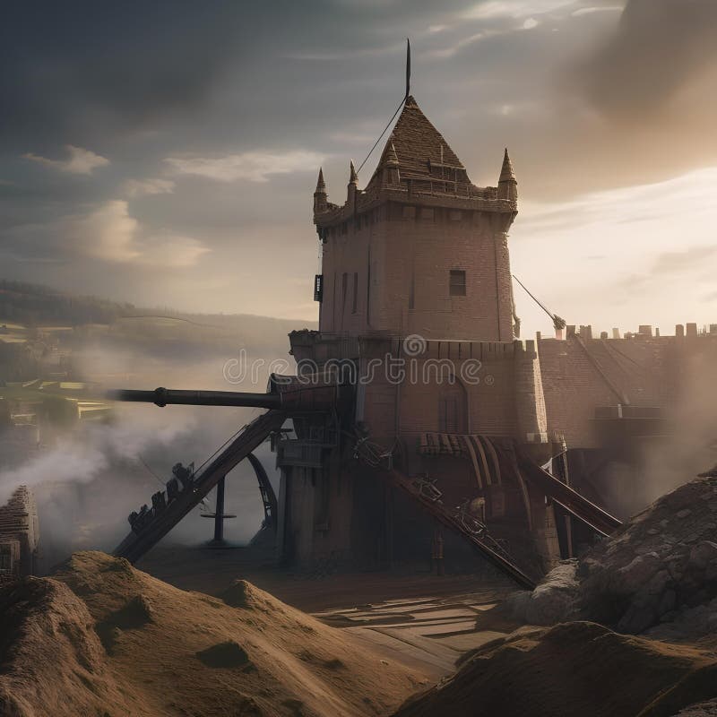 Motor de asediu epic masiv motor asediu dezlănțuire devastare pe un zid castel fortificat printre un câmp de luptă haotic5 vector illustration