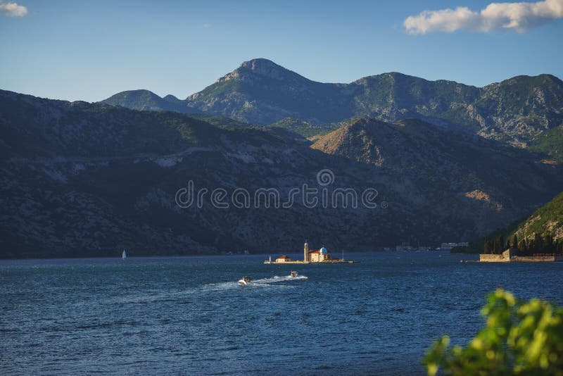 Epic view of the island of Saint George Island and the Roman Catholic Church of Our Lady of the Rocks Church. stock photos Epic view of the island of Saint George Island and the Roman Catholic Church of Our Lady of the Rocks Church. stock photos