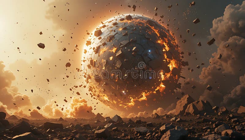 Episkt exploderande planet som krossas i bitar i rymden stock illustrationer