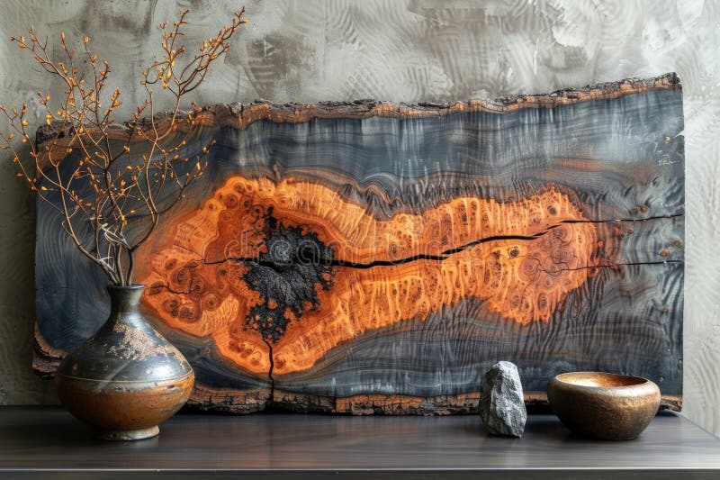 Epoxy wood art with orange resin details for modern home decoration. With Generative AI technology. AI generated