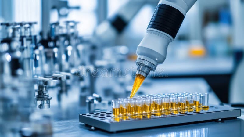 Eprubete robotizate de testare a umplerii brațului cu lichid în laborator stock photography