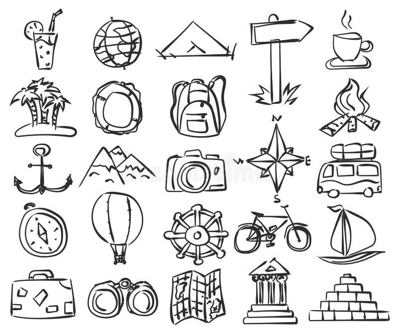 Travel icons set. Vector doodle sketch. Stock illustration for design. Travel icons set. Vector doodle sketch. Stock illustration for design