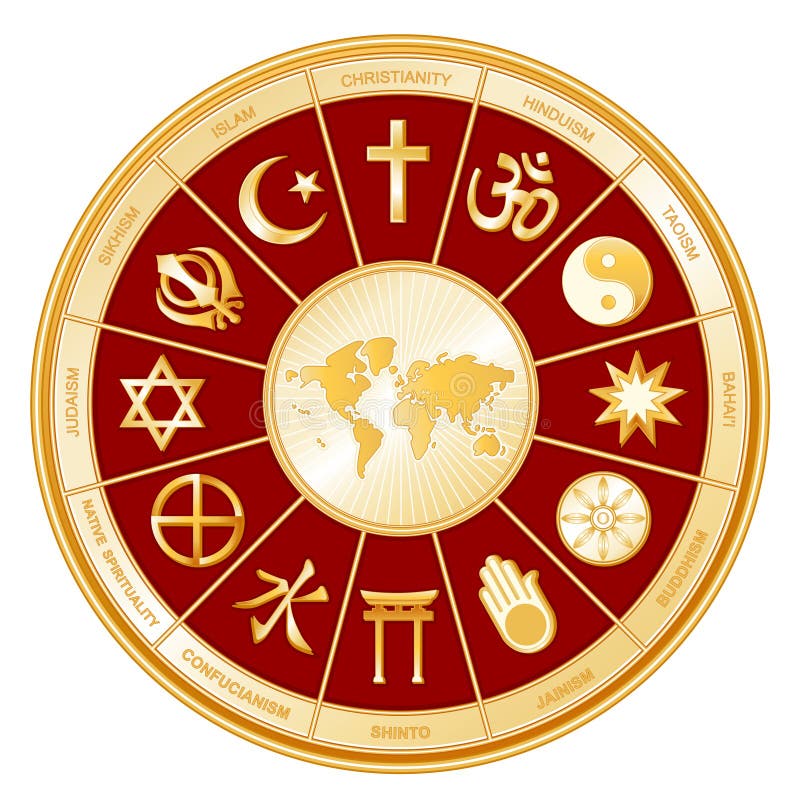 World Map with 12 world religions: Buddhism, Islam, Hinduism, Taoism, Christianity, Sikhism, Judaism, Confucianism, Shinto, Bahaâ€™i, Jainism, and Medicine Wheel of Native Spirituality in a golden circle with crimson background. EPS8 compatible. World Map with 12 world religions: Buddhism, Islam, Hinduism, Taoism, Christianity, Sikhism, Judaism, Confucianism, Shinto, Bahaâ€™i, Jainism, and Medicine Wheel of Native Spirituality in a golden circle with crimson background. EPS8 compatible.