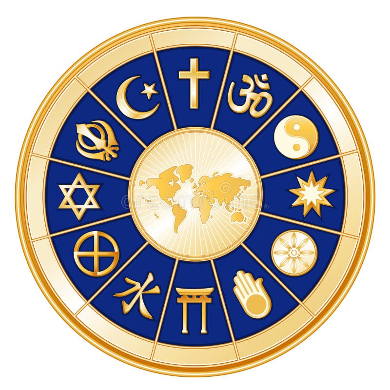 World Map surrounded with icons of 12 global religions in a royal blue and gold medallion: Judaism, Sikhism, Islam, Christianity, Hinduism, Taoism, Baha&#x27;i, Buddhism; Jainism; Shinto, Confucianism, and Native Spirituality. EPS8 compatible. World Map surrounded with icons of 12 global religions in a royal blue and gold medallion: Judaism, Sikhism, Islam, Christianity, Hinduism, Taoism, Baha&#x27;i, Buddhism; Jainism; Shinto, Confucianism, and Native Spirituality. EPS8 compatible.