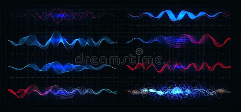 Equalizer vector illustration. Pulsation color wavy motion lines on black background. Radio frequency graph. Graphic stock illustration Equalizer vector illustration. Pulsation color wavy motion lines on black background. Radio frequency graph. Graphic stock illustration