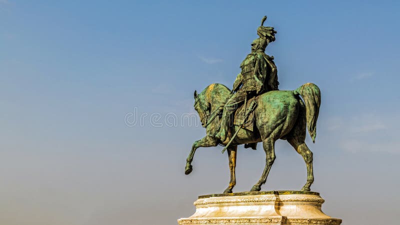 Equestrian statue of Victor Emmanuel II. The first king of unified Italy, part of the Altare della Patria, a monument built in honor of him, built in the years stock photography Equestrian statue of Victor Emmanuel II. The first king of unified Italy, part of the Altare della Patria, a monument built in honor of him, built in the years stock photography