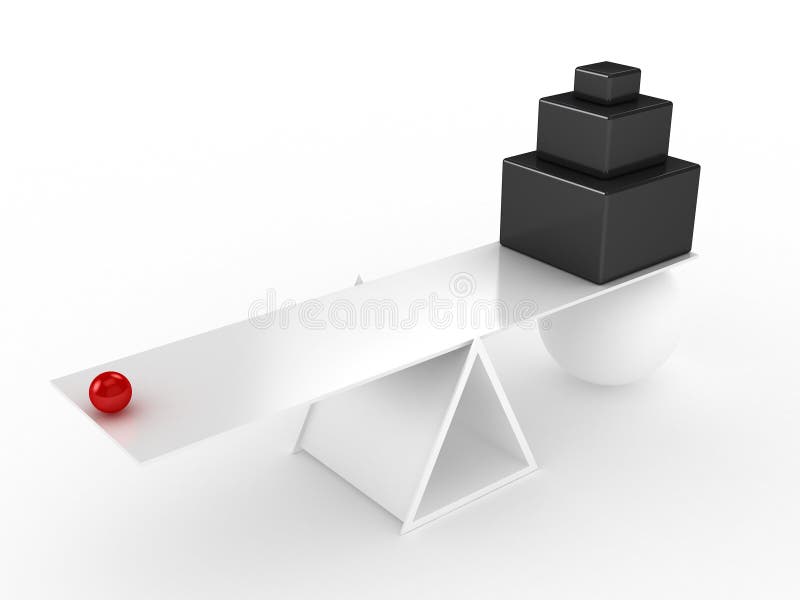 A rigged balance in which the white sphere below the black boxes stops it from tilting. A rigged balance in which the white sphere below the black boxes stops it from tilting