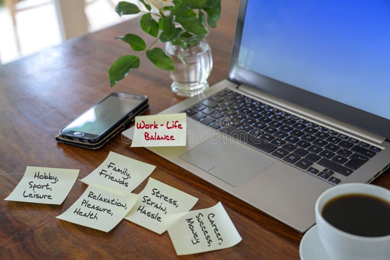 Equilibrio de vida laboral, palabras escritas en notas pegajosas en un escritorio de madera con un ordenador portátil foto de archivo Equilibrio de vida laboral, palabras escritas en notas pegajosas en un escritorio de madera con un ordenador portátil foto de archivo