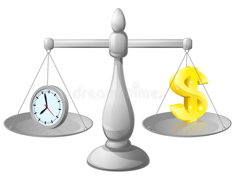 Time money balance scales, with a clock representing time on one side and Dollar sign on the other. Could represent work life balance or making best use of time, working smarter not harder. Time money balance scales, with a clock representing time on one side and Dollar sign on the other. Could represent work life balance or making best use of time, working smarter not harder.
