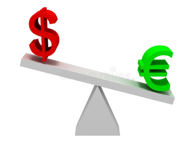 Euro and Dollar Symbols Balancing over white background. Euro and Dollar Symbols Balancing over white background